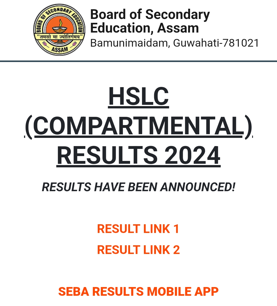 Assam HSLC Result 2024 Link (Out) resultsassam.nic.in 2024 SEBA Class