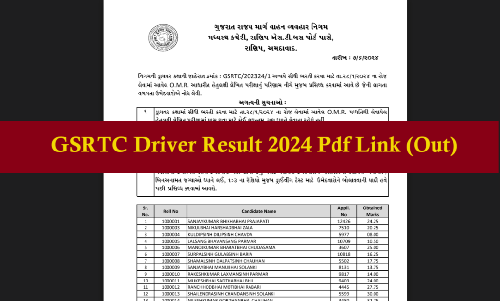 GSRTC Driver Result 2024 Pdf link