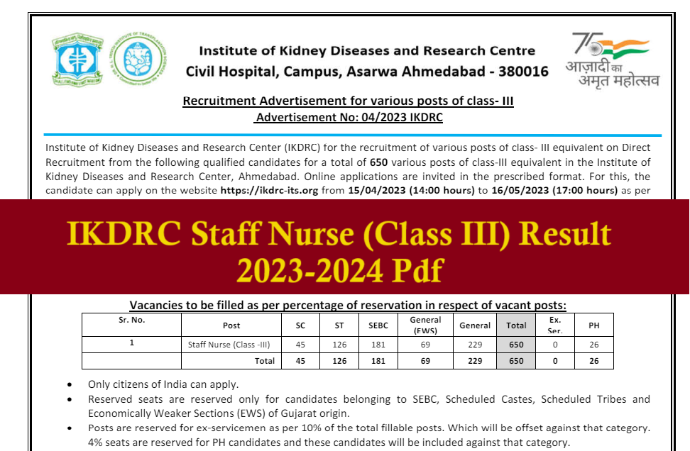 IKDRC Staff Nurses Class III Result 2024 Pdf Link